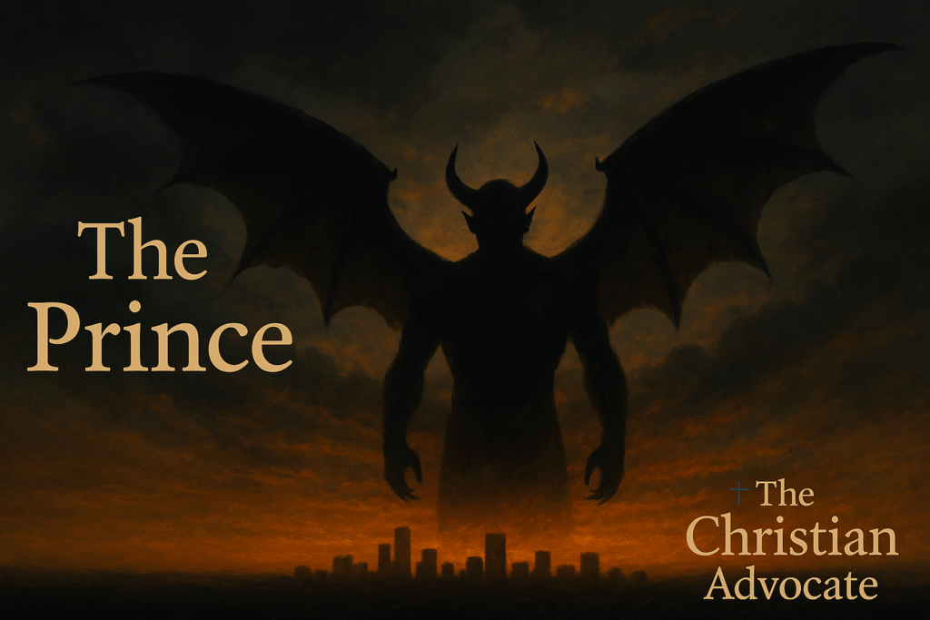 “Silhouette of a demonic winged figure rising above a dark city skyline under a stormy, fiery sky — symbolizing Satan as ‘the prince of the power of the air’ from Ephesians 2:2.”