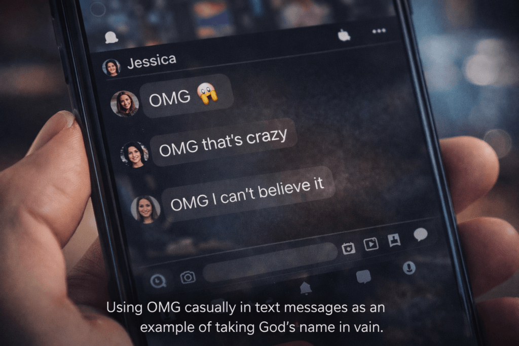 Using OMG casually in text messages as an example of taking God’s name in vain.The Meaning of God's name in vain 